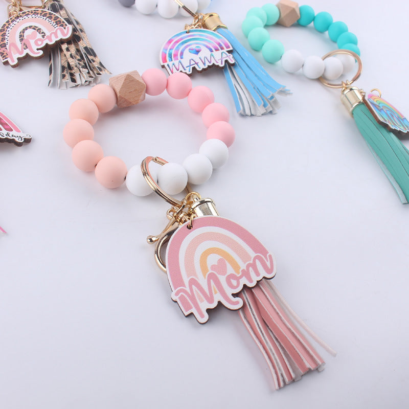 Mothers Day Gift Wristlet Keychain Silicone Bead Bracelet Keychain wrist straps Cute Fashion gift for Mom