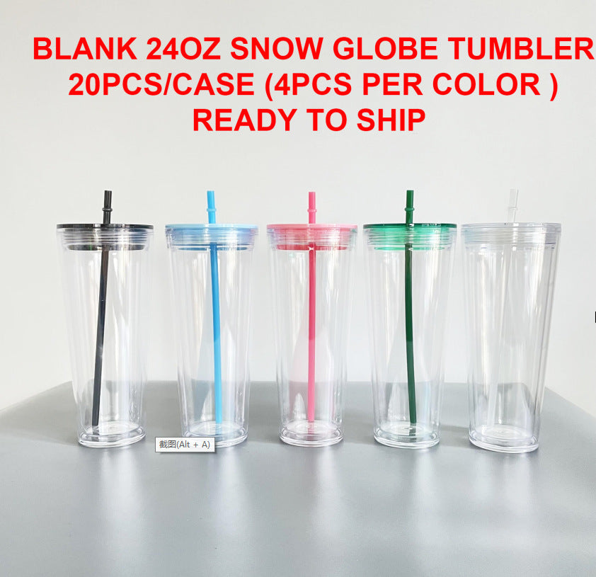 24oz Clear Insulated Double Walled Plastic Acrylic Cups Snowball Snowglobe Tumbler With Lids And Straw-