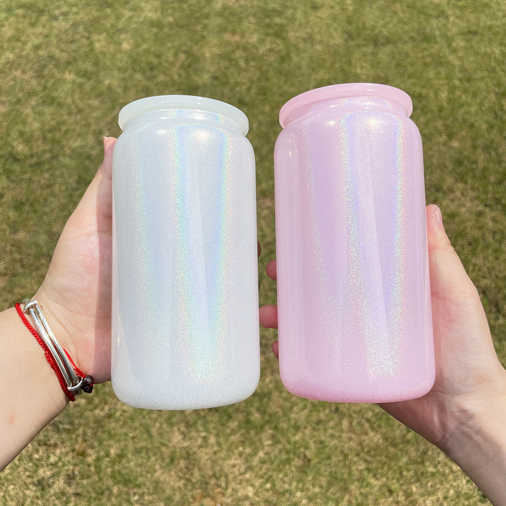 USA RTS- 16oz Holographic Shimmer White Glitter Blank Sublimation with Plastic PP Lid-50pcs