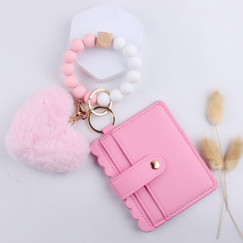 Silicone Beads Elastic Bracelet Wristlet Keychain and Pocket Card Holder with  Plush heart shape -50pcs