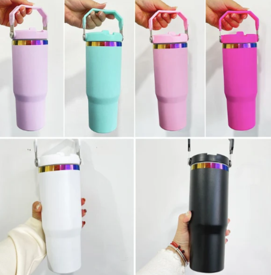 30oz Rainbow Plated Flip Straw Power Coated Kids School Tumbler For Laser Engraving-20PCS