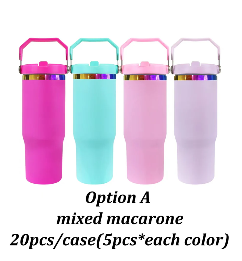 30oz Rainbow Plated Flip Straw Power Coated Kids School Tumbler For Laser Engraving-20PCS