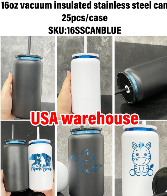 USA RTS - 16oz Blue Plated Metal Cans Stainless Steel Can tumblers for laser engraving-25pcs