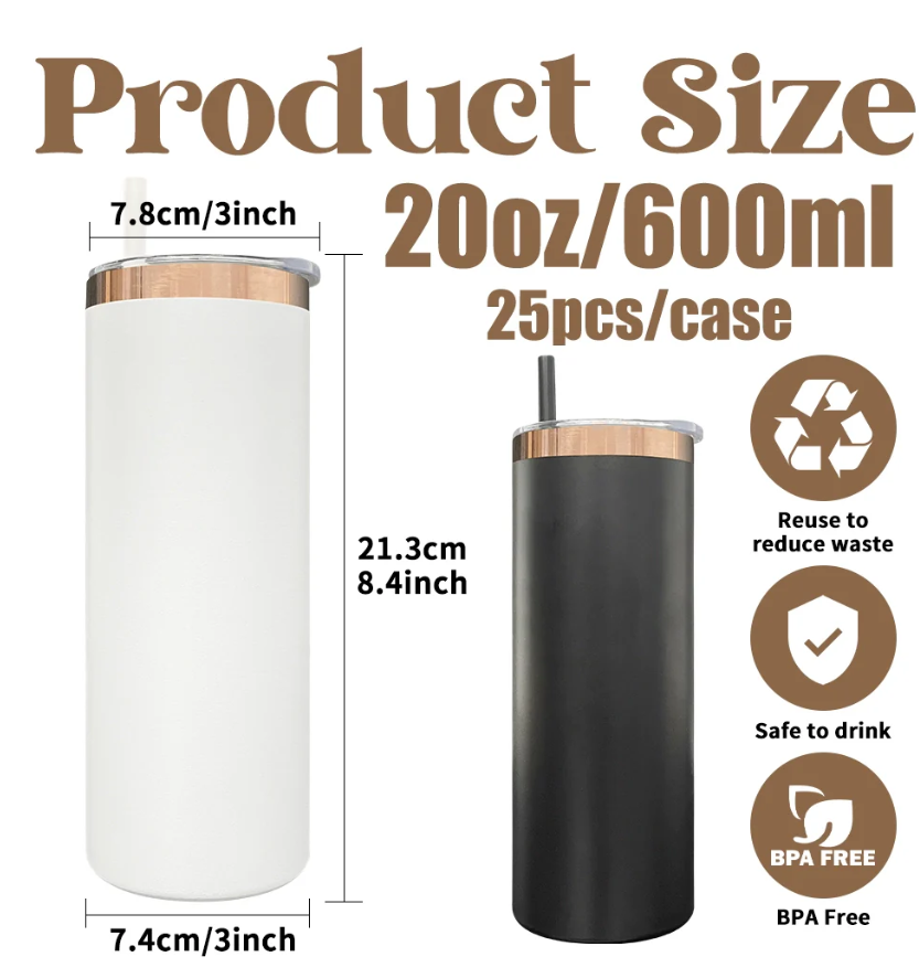 20oz Mirror Copper underneath Powder Coated Stainless Steel Straight Skinny tumblers for laser engraving-25pcs