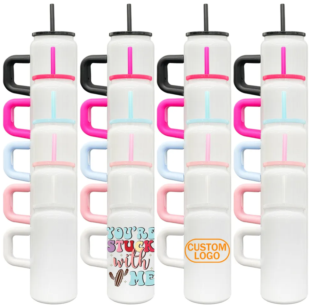 16oz Sublimation White Blank Kids Stainless Steel Can with Colored Handle and Lids-25pcs