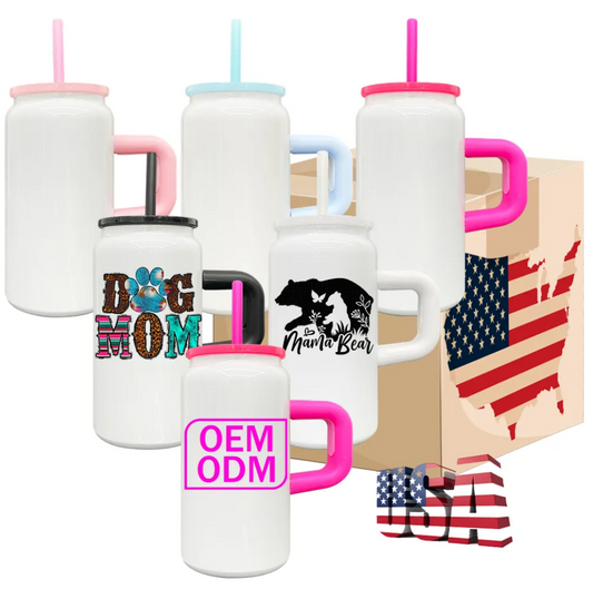 16oz Sublimation White Blank Kids Stainless Steel Can with Colored Handle and Lids-25pcs