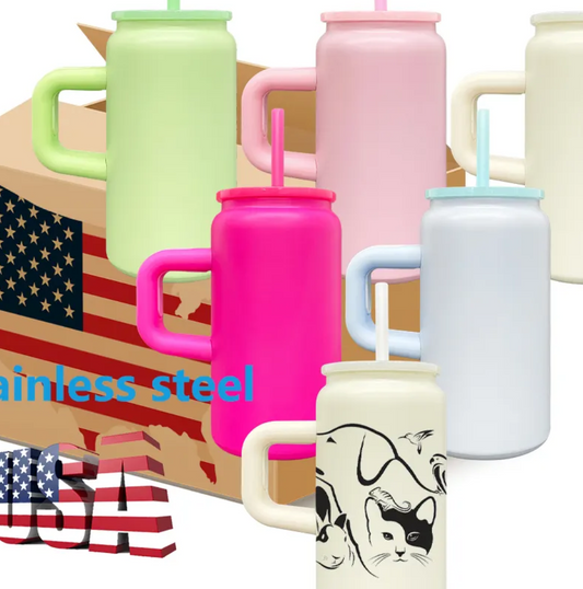 RTS USA_16oz Sublimation Candy Colors Stainless Steel Can Tumblers Metal Beer Cans with Handle-25pcs