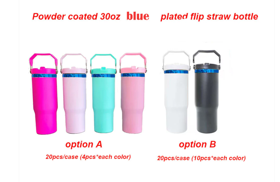 30oz Blue underneath powder coated flip straw water bottle for laser engraved-20pcs