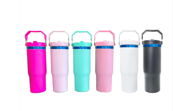 30oz Blue underneath powder coated flip straw water bottle for laser engraved-20pcs