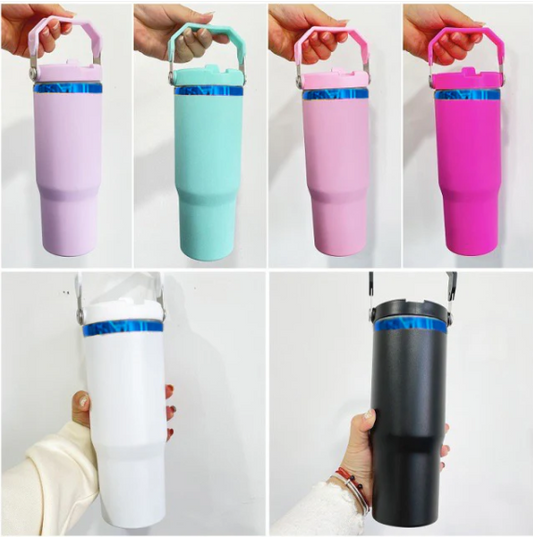 30oz Blue underneath powder coated flip straw water bottle for laser engraved-20pcs