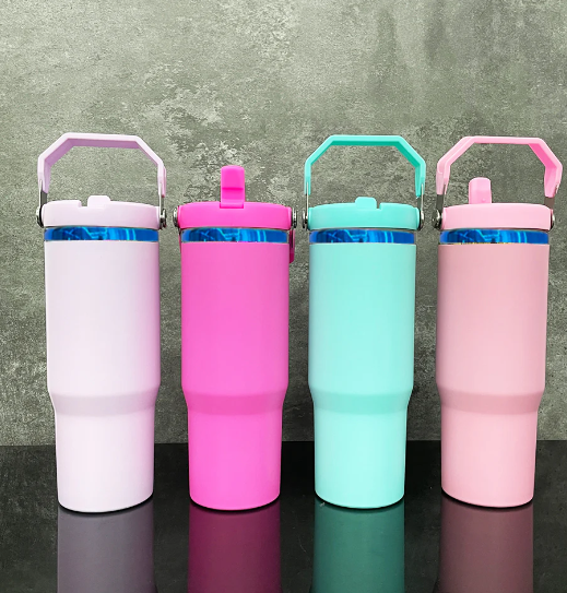 30oz Blue underneath powder coated flip straw water bottle for laser engraved-20pcs