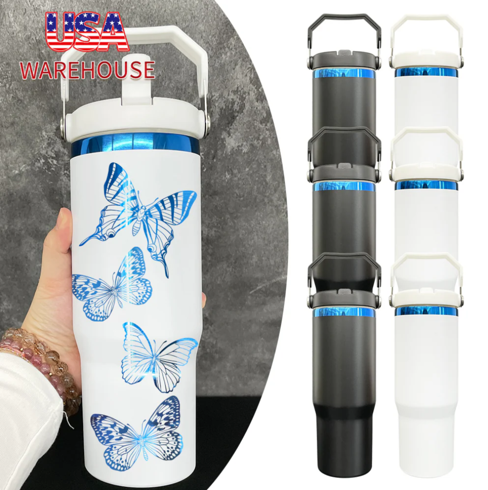 30oz Blue underneath powder coated flip straw water bottle for laser engraved-25pcs