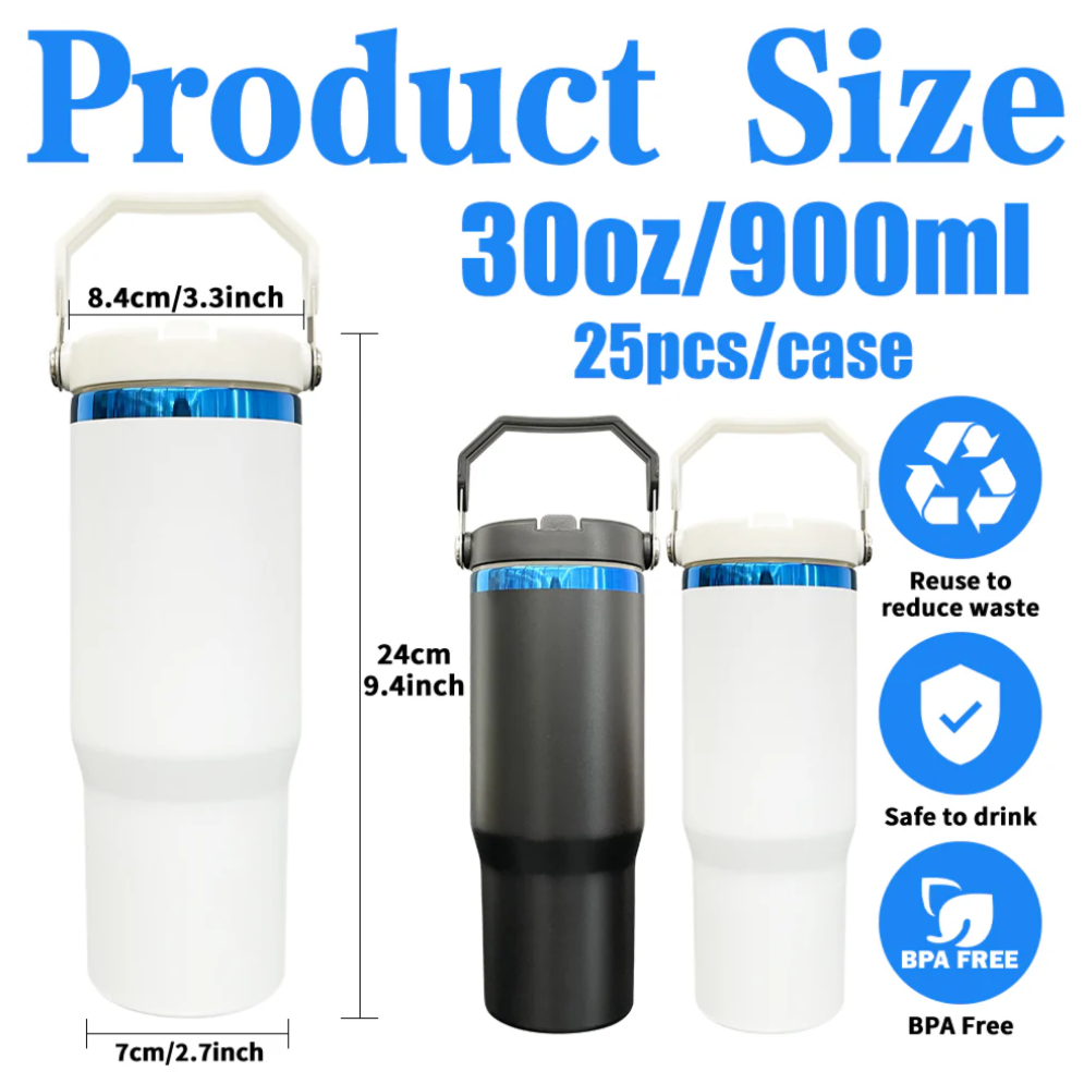 30oz Blue underneath powder coated flip straw water bottle for laser engraved-25pcs