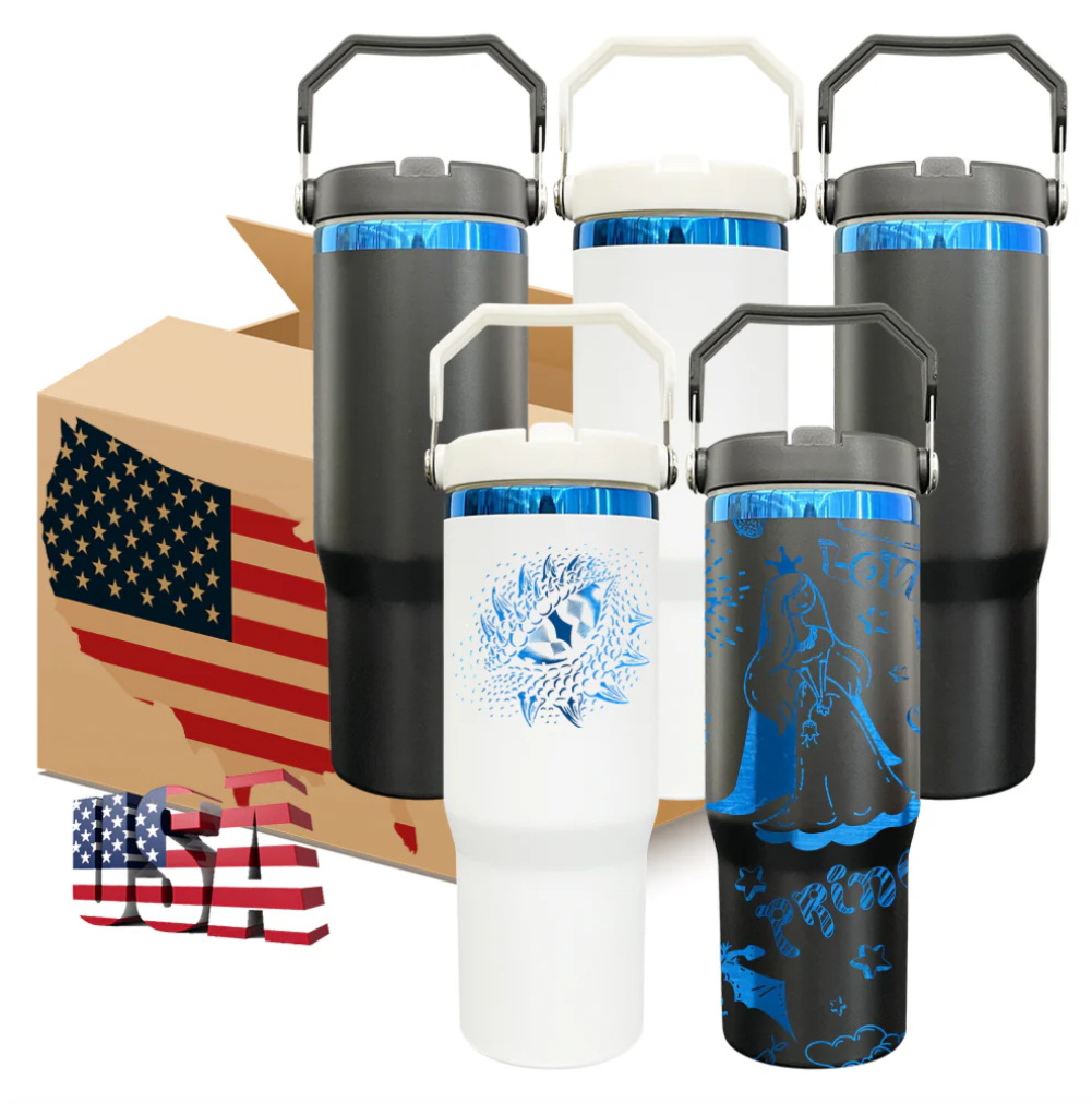 30oz Blue underneath powder coated flip straw water bottle for laser engraved-25pcs