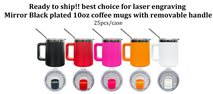 10oz Black Mirror plate Coffee Mugs With Removable handle and Magnetic Lids - 25pcs