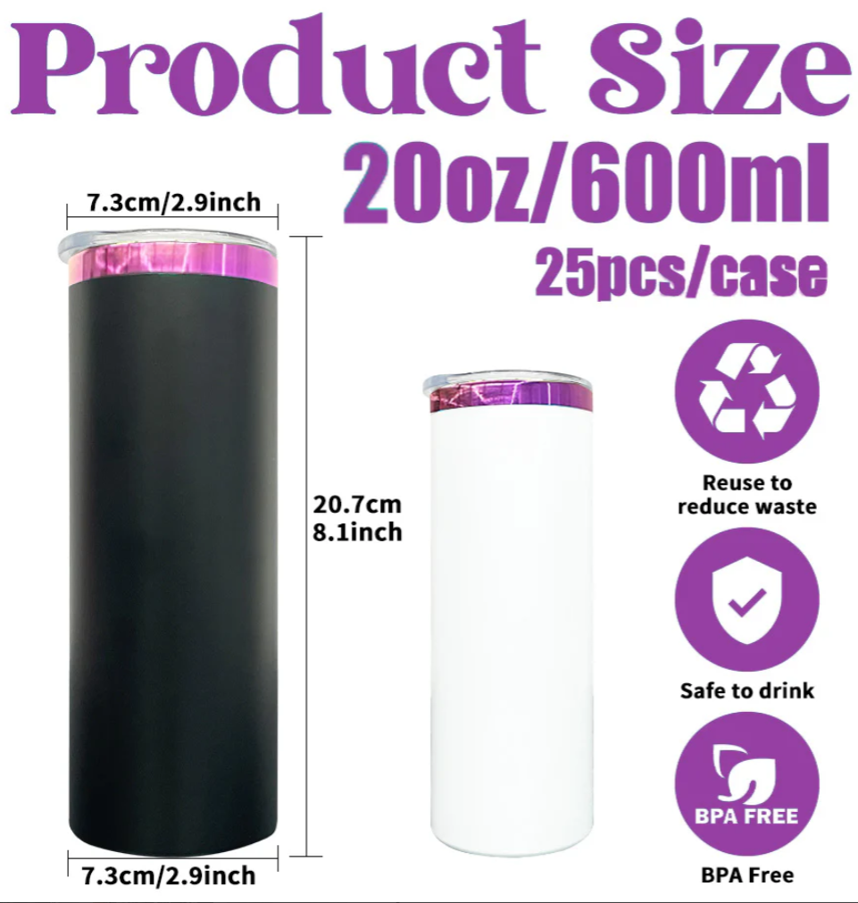 20oz Mirror Purple Plate Powder Coat Straight Skinny Tumblers for Laser Engraving-25pcs