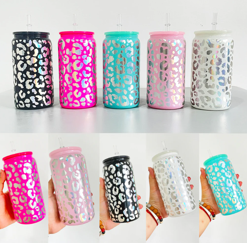 25pcs pack New 16oz Holographic Leopard Glass cans tumblers mugs with BPA free PP lids