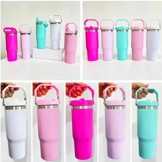 50pcs pack 30oz Stanley style Matte macaron colors flip straw school tumblers & 60pcs H2.0 sublimation shimmer 40oz travel mug