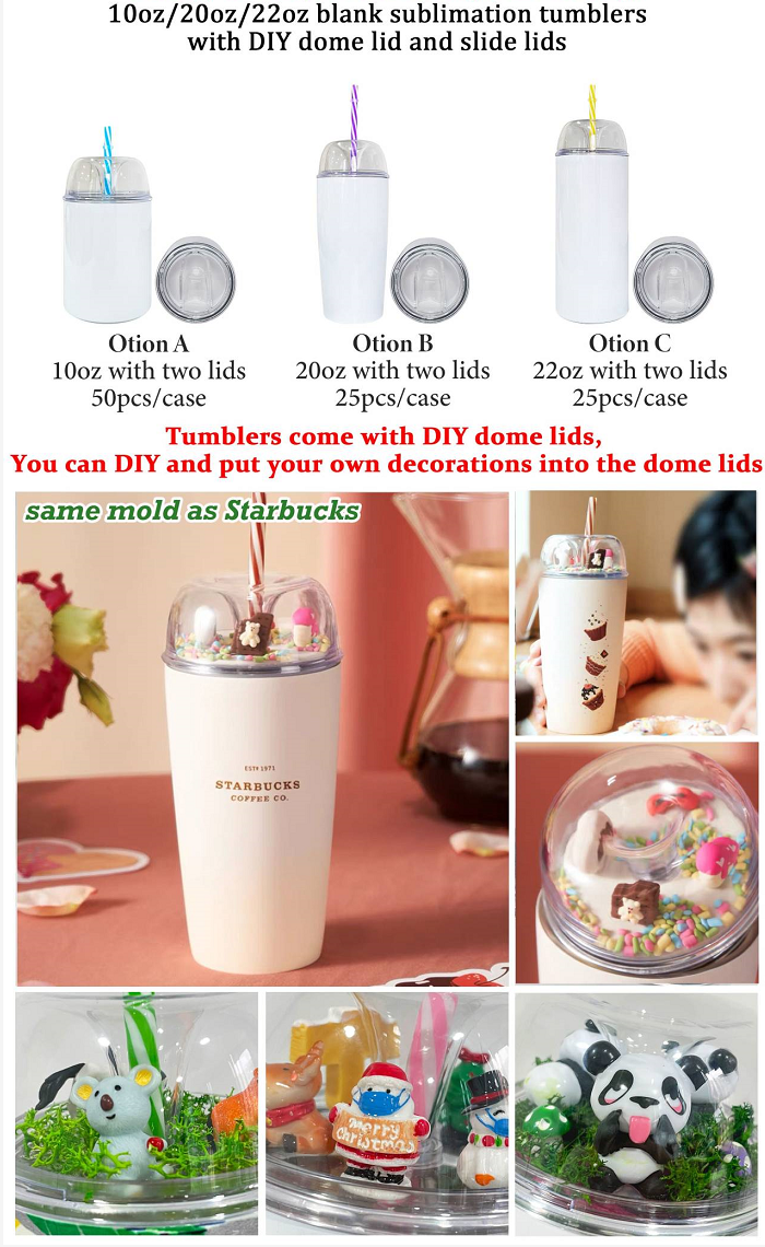 10oz/20oz Blank Sublimation tumbler with Designable Dome Lids and Slide lids