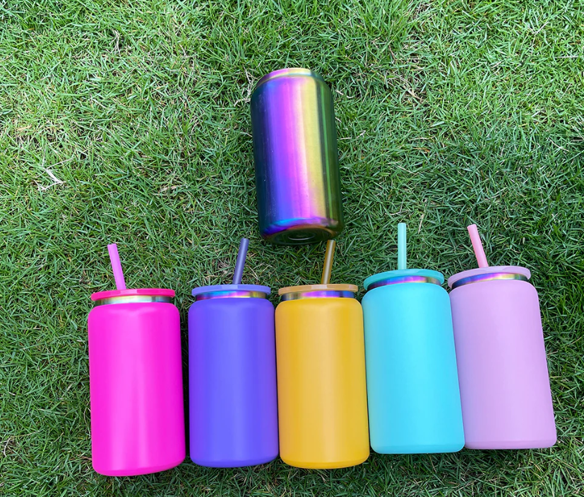 16oz🌈Rainbow Underneath Laser Engraving Stainless Steel Can Tumblers Metal Beer Cans-25pcs