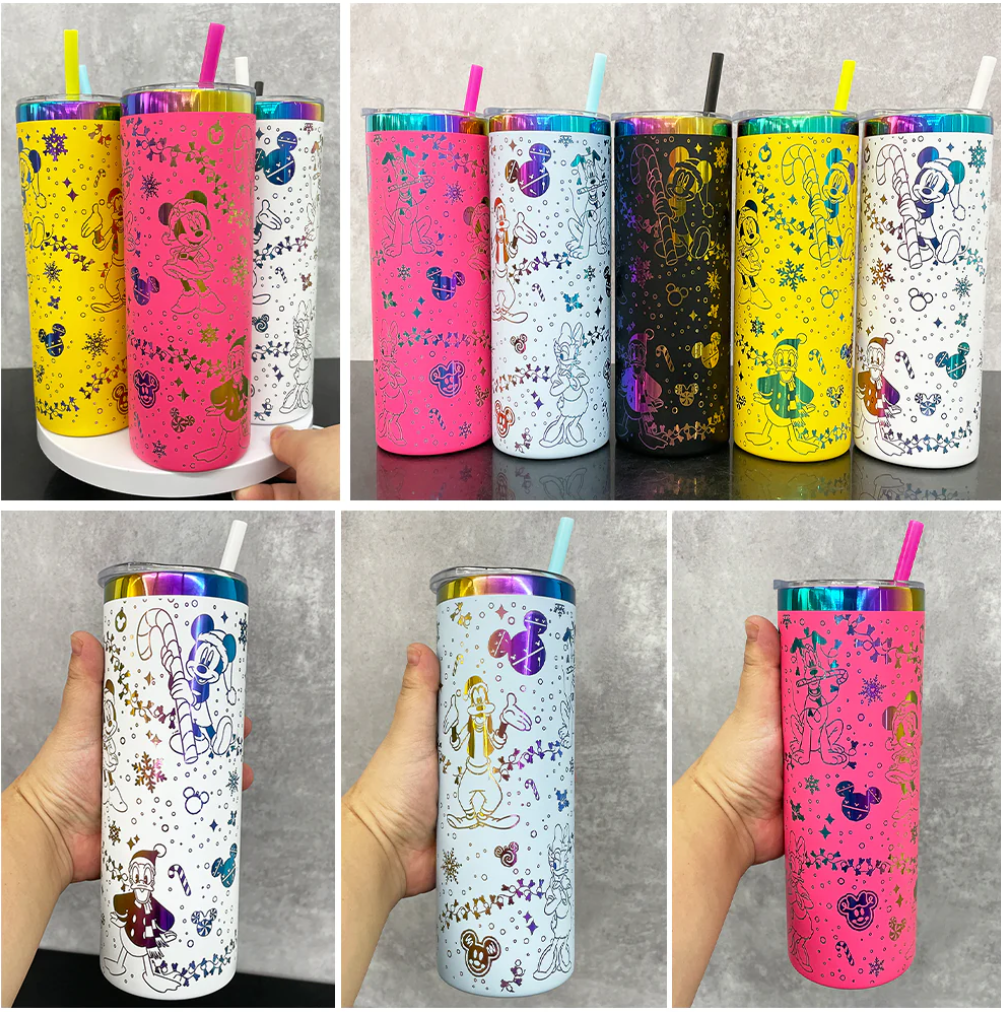 25pcs Christmas 20oz straight tumblers with rainbow laser engraving Disney design