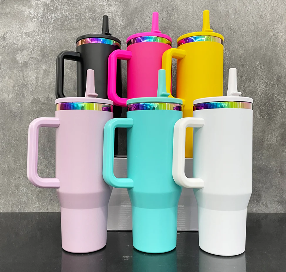 USA RTS 40oz Rainbow Plated Powder Coat Tumblers with Leak Proof Lids Folding Flip Straw -16PCS