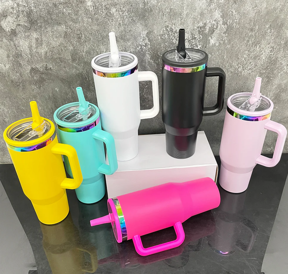 USA RTS 40oz Rainbow Plated Powder Coat Tumblers with Leak Proof Lids Folding Flip Straw -16PCS