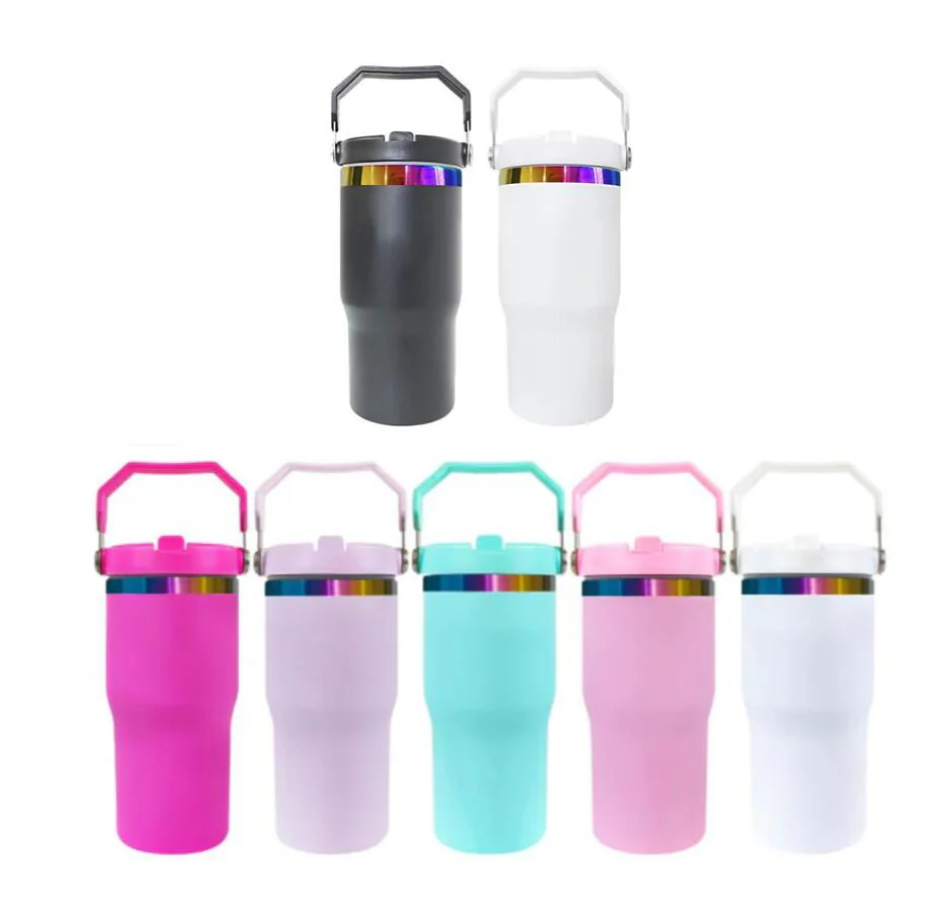 20oz Rainbow Plated Flip Straw Power Coted Kids School Tumbler For Laser Engraving-25PCS