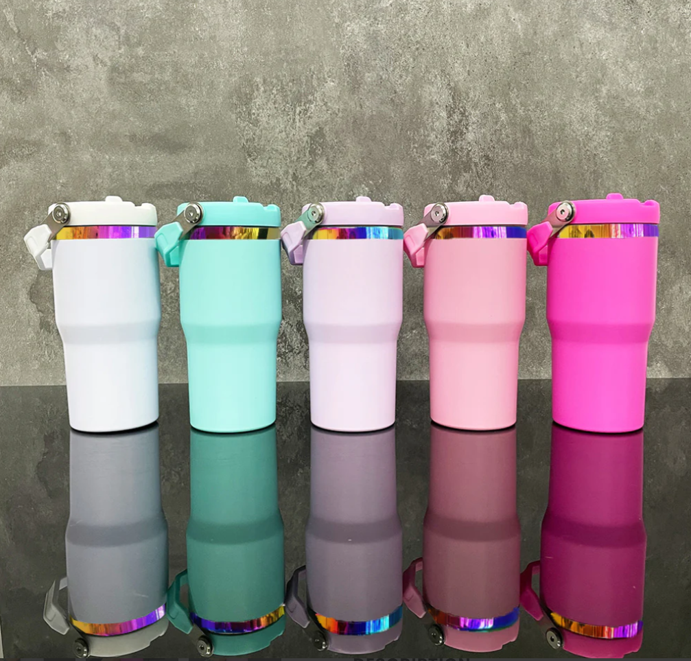 20oz Rainbow Plated Flip Straw Power Coted Kids School Tumbler For Laser Engraving-25PCS