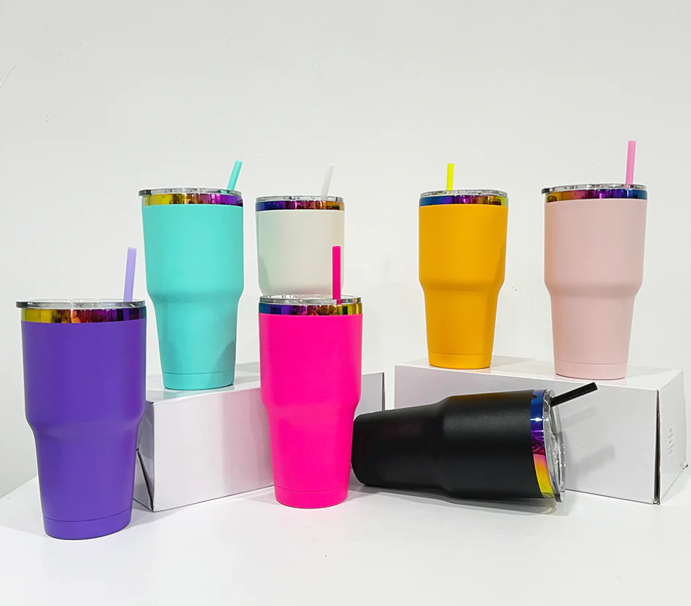 30oz Rainbow Plated Power Coted Regular Tumbler For Laser Engraving-25PCS