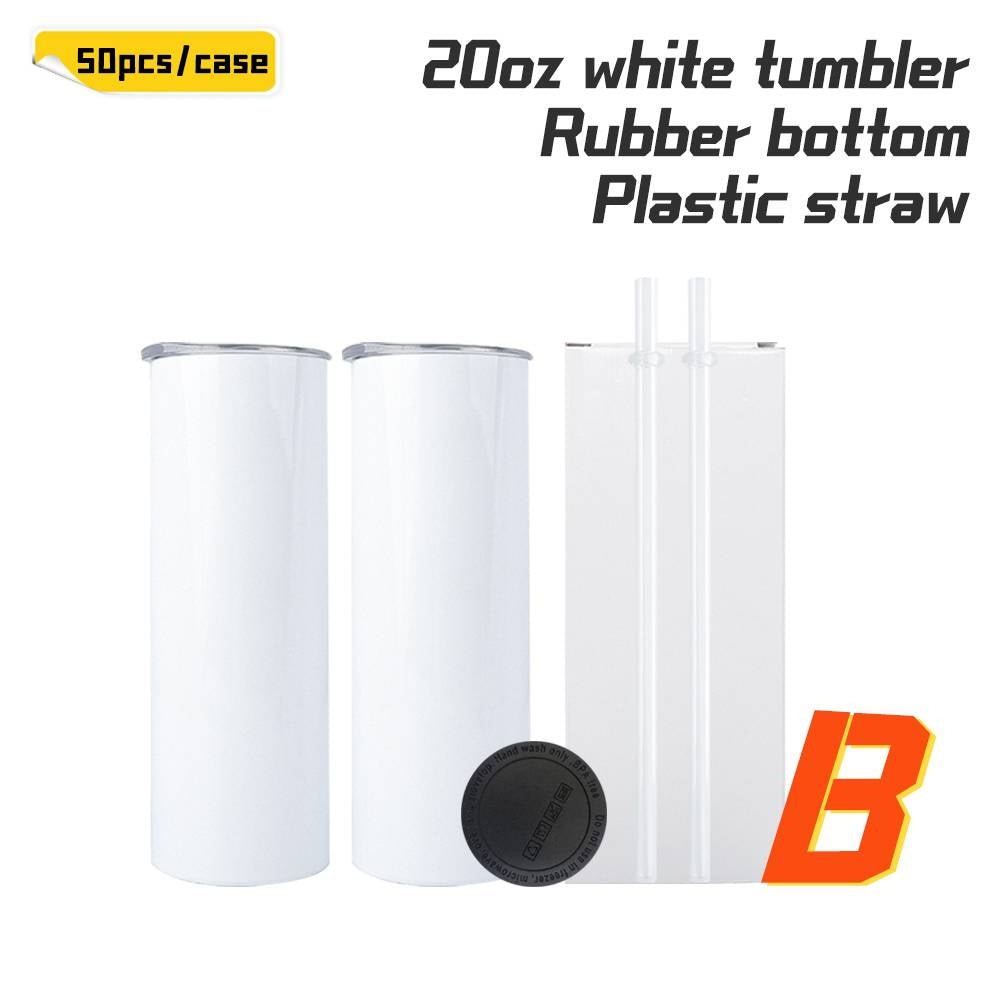USA RTS 20oz White sublimation Straight Skinny Tumbler Blanks with Plastic Straws & Rubber Bottom -25pcs