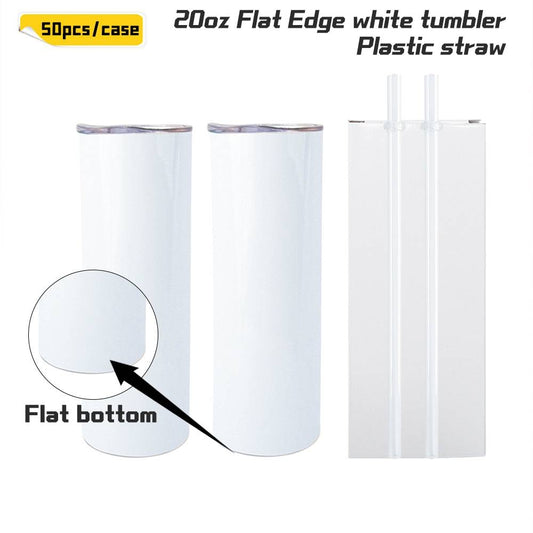 20oz Flat Edge White sublimation Straight Skinny Tumbler Blanks with Plastic Straws -50pcs