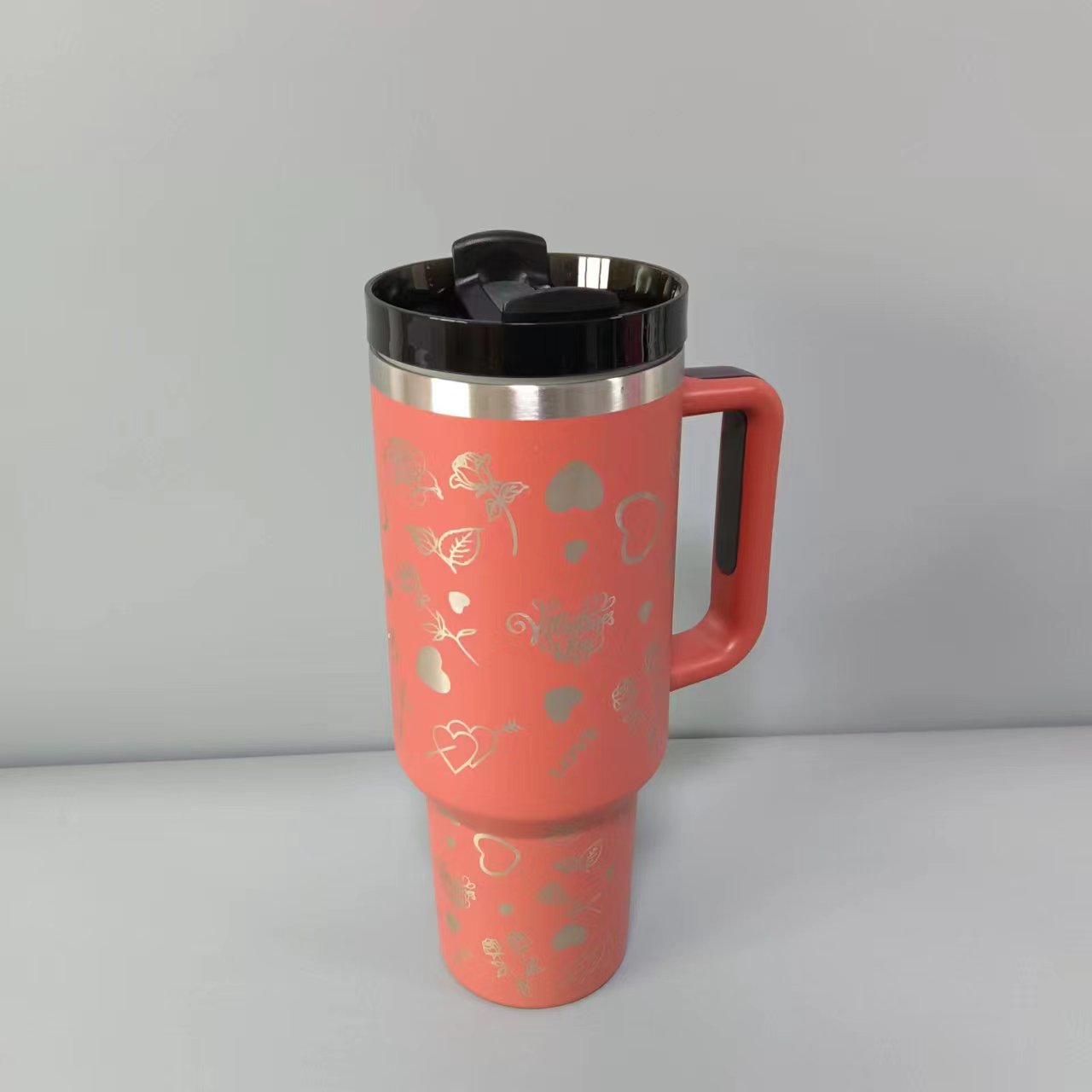 40oz Valentine's day Roae and Heart Laser Insulated Stainless Steel Tumbler with Handle and Straw