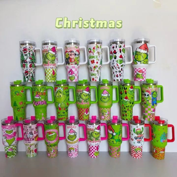 25pcs - 40oz grinch print Insulated Stainless Steel Tumbler with Handle and Straw