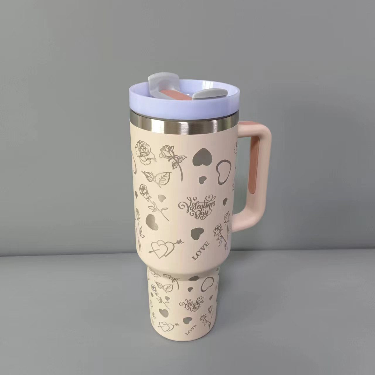 40oz Valentine's day Roae and Heart Laser Insulated Stainless Steel Tumbler with Handle and Straw