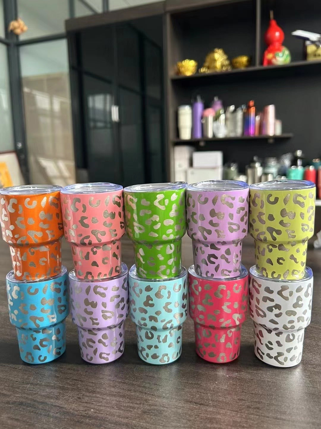 50pcs pack 2oz leopard laser shot glasses tumblers with Reusable Insulated Stainless Steel Tumbler with lids and  Stainless Steel  straws