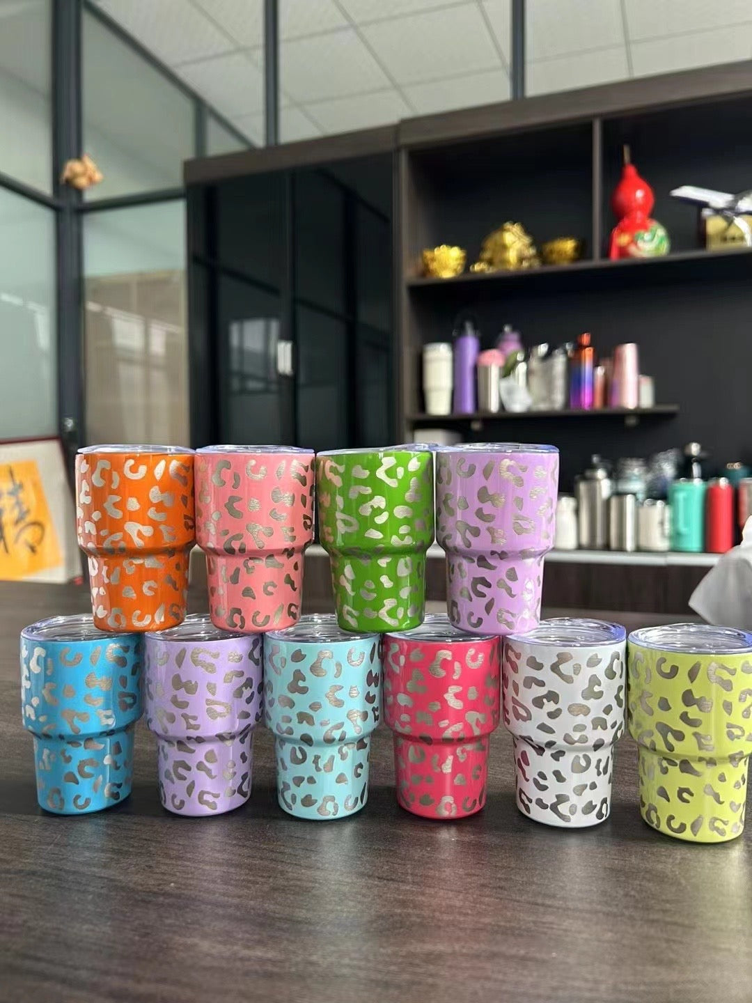 50pcs pack 2oz leopard laser shot glasses tumblers with Reusable Insulated Stainless Steel Tumbler with lids and  Stainless Steel  straws