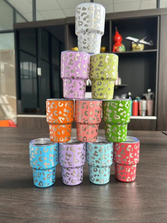 50pcs pack 2oz leopard laser shot glasses tumblers with Reusable Insulated Stainless Steel Tumbler with lids and  Stainless Steel  straws