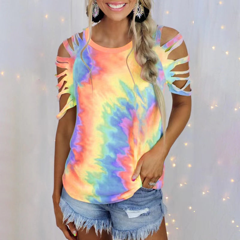 summer new Amazon hot sale women's tie-dye print short sleeves off-the-shoulder sexy casual T-shirt