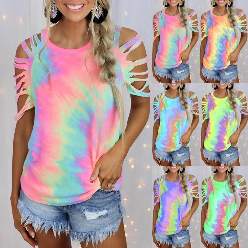 summer new Amazon hot sale women's tie-dye print short sleeves off-the-shoulder sexy casual T-shirt