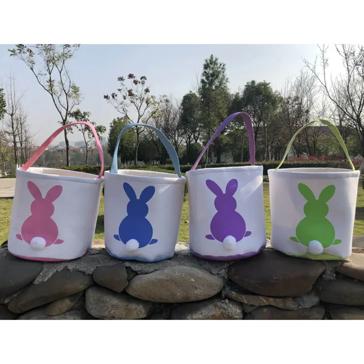 Personalized Customized Easter Blank Monogram Rabbit Bucket Basket Non-Sublimation Bunny Polyester Canvas Easter Basket For Kids