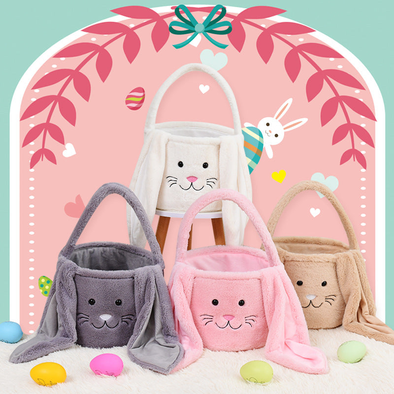 Wholesale Custom Fuzzy Long Ears Easter Bucket Plush Furry Bunny Gift Bags DIY Easter Baskets