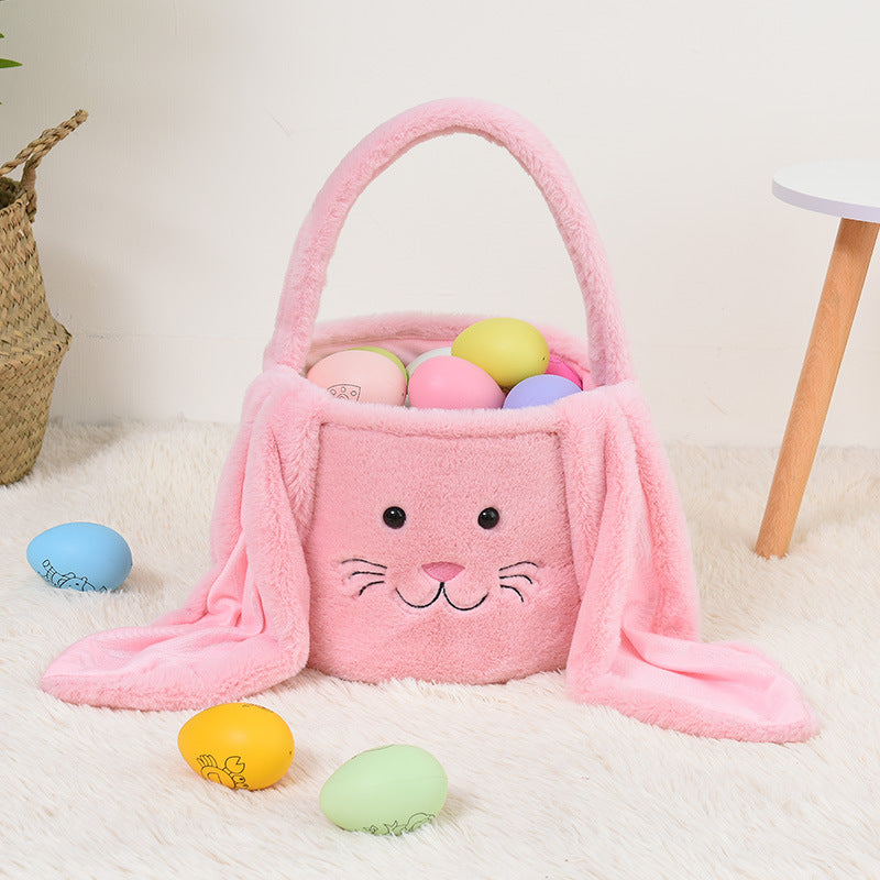 Wholesale Custom Fuzzy Long Ears Easter Bucket Plush Furry Bunny Gift Bags DIY Easter Baskets