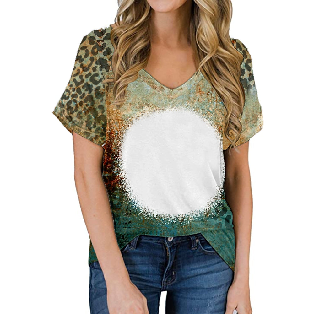 hot sell V neck blanks Heat press 100% polyester t-shirts faux bleach sublimation patterned shirts with leopard print