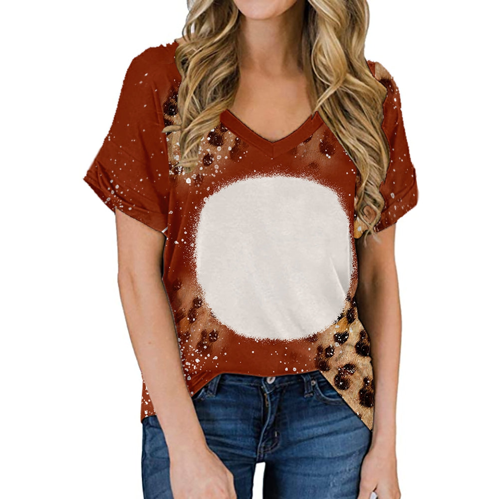 hot sell V neck blanks Heat press 100% polyester t-shirts faux bleach sublimation patterned shirts with leopard print