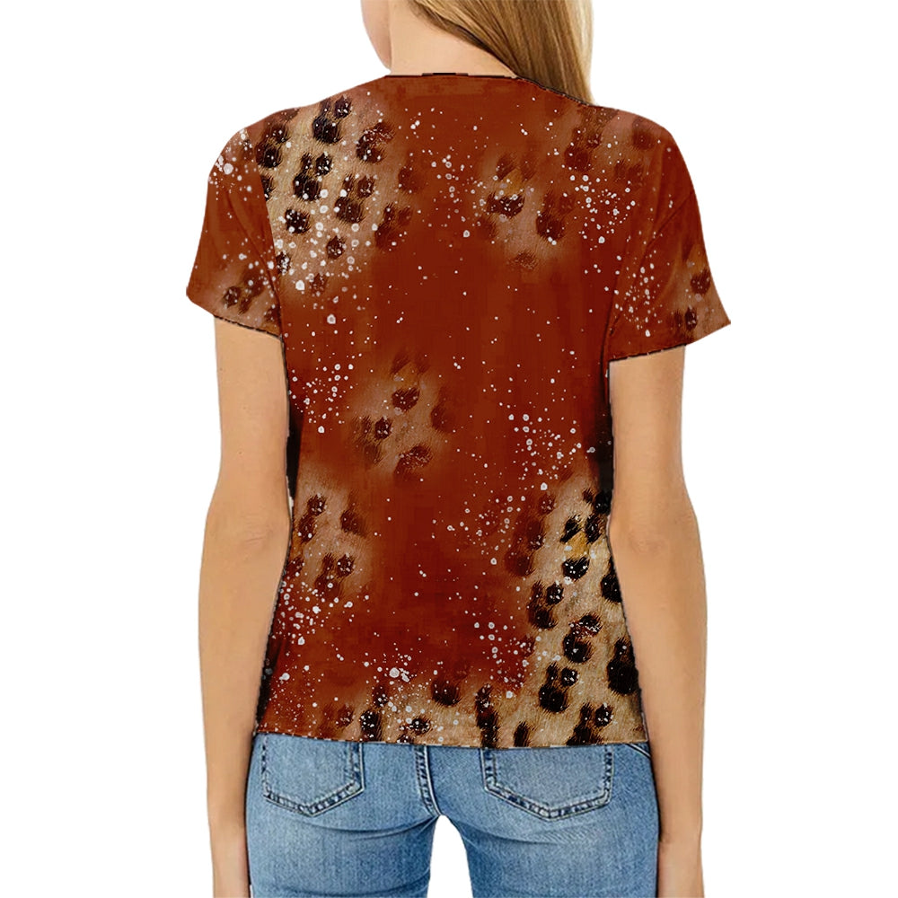 hot sell V neck blanks Heat press 100% polyester t-shirts faux bleach sublimation patterned shirts with leopard print