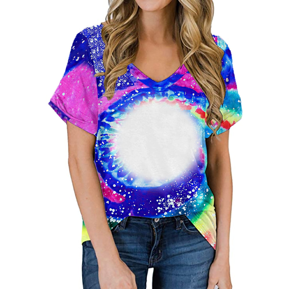 hot sell V neck blanks Heat press 100% polyester t-shirts faux bleach sublimation patterned shirts with leopard print