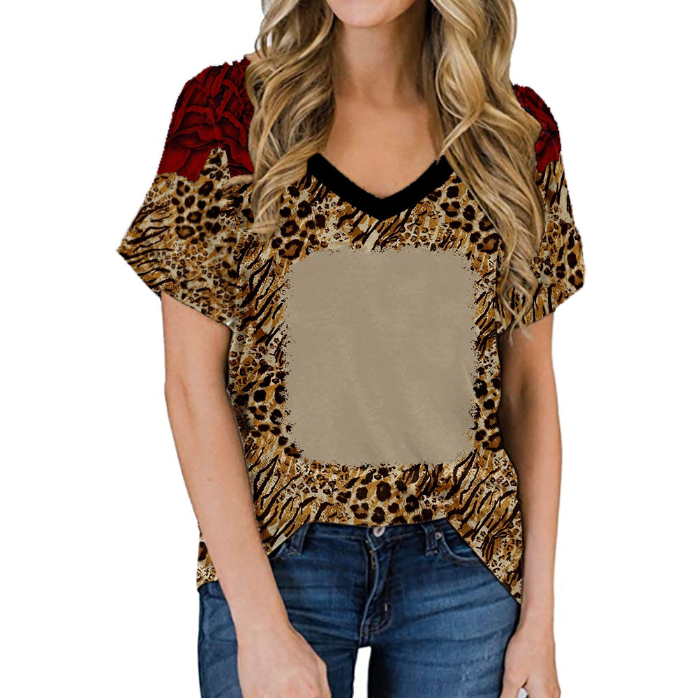 hot sell V neck blanks Heat press 100% polyester t-shirts faux bleach sublimation patterned shirts with leopard print