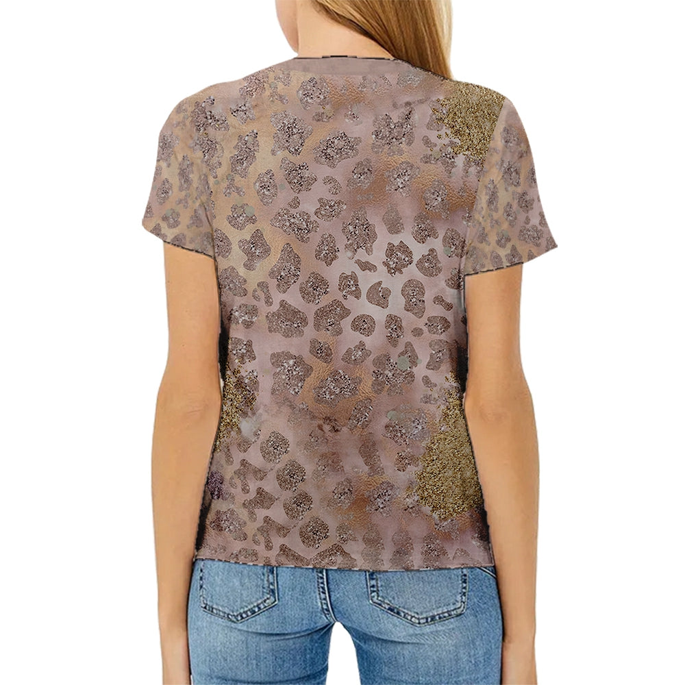 hot sell V neck blanks Heat press 100% polyester t-shirts faux bleach sublimation patterned shirts with leopard print