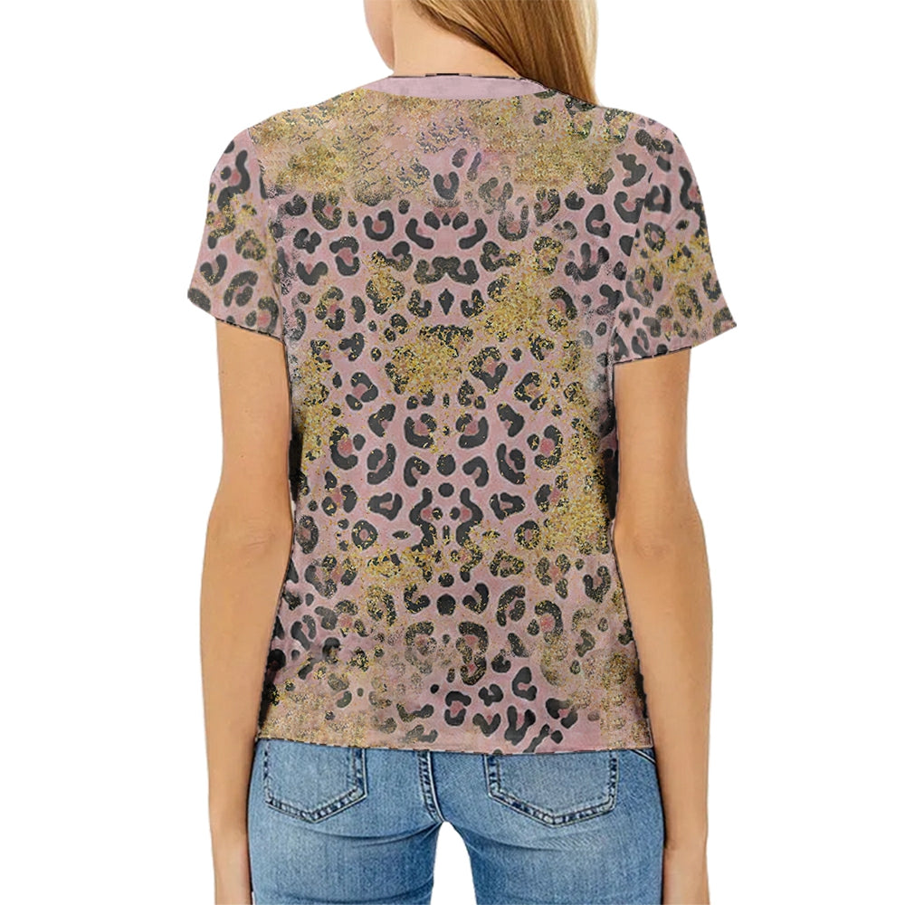 hot sell V neck blanks Heat press 100% polyester t-shirts faux bleach sublimation patterned shirts with leopard print